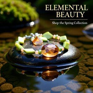 Charteuse & Apricot! Beaded Bracelet: Shell Crystal CatsEye Faux Pearls FOR 7-8"